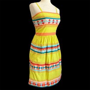 Anthropologie Patchwork Quilotoa Dress Size 2 Vibrant Colors Aztec Boho Festival